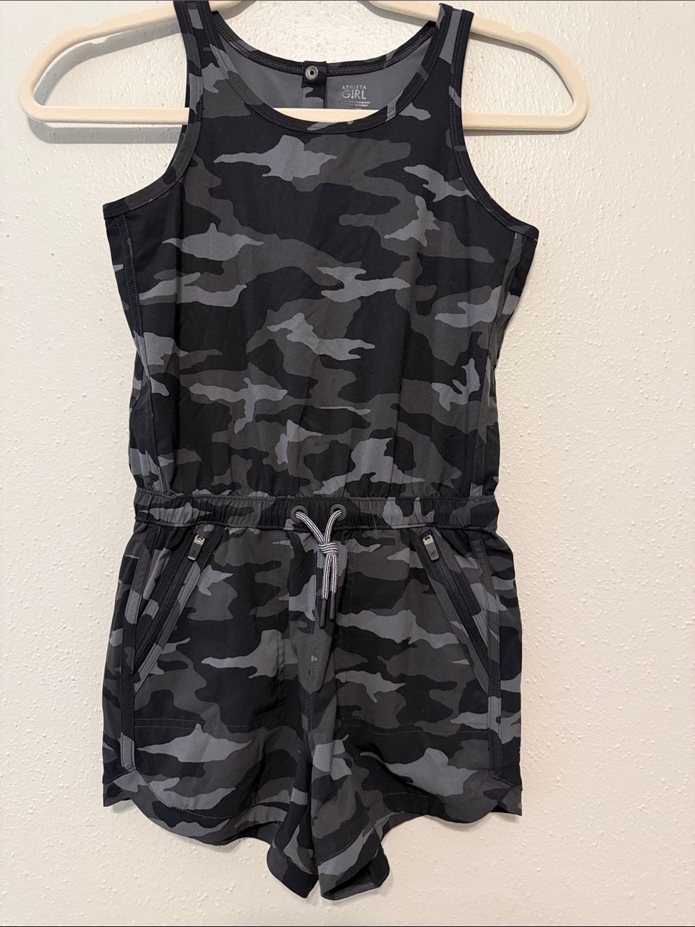 Athleta Black & Gray Camo Sleeveless Drawstring Romper